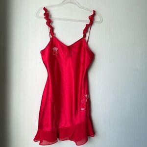 Vintage 00s Y2K Enchanting Red Satin Embroidered Ruffle Slip Dress S